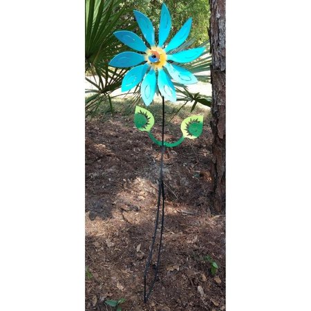 THE LAZY SCROLL Kinetic Metal Yard Art Garden Flower Motion Spinner Teal  Yellow flowertealyel
